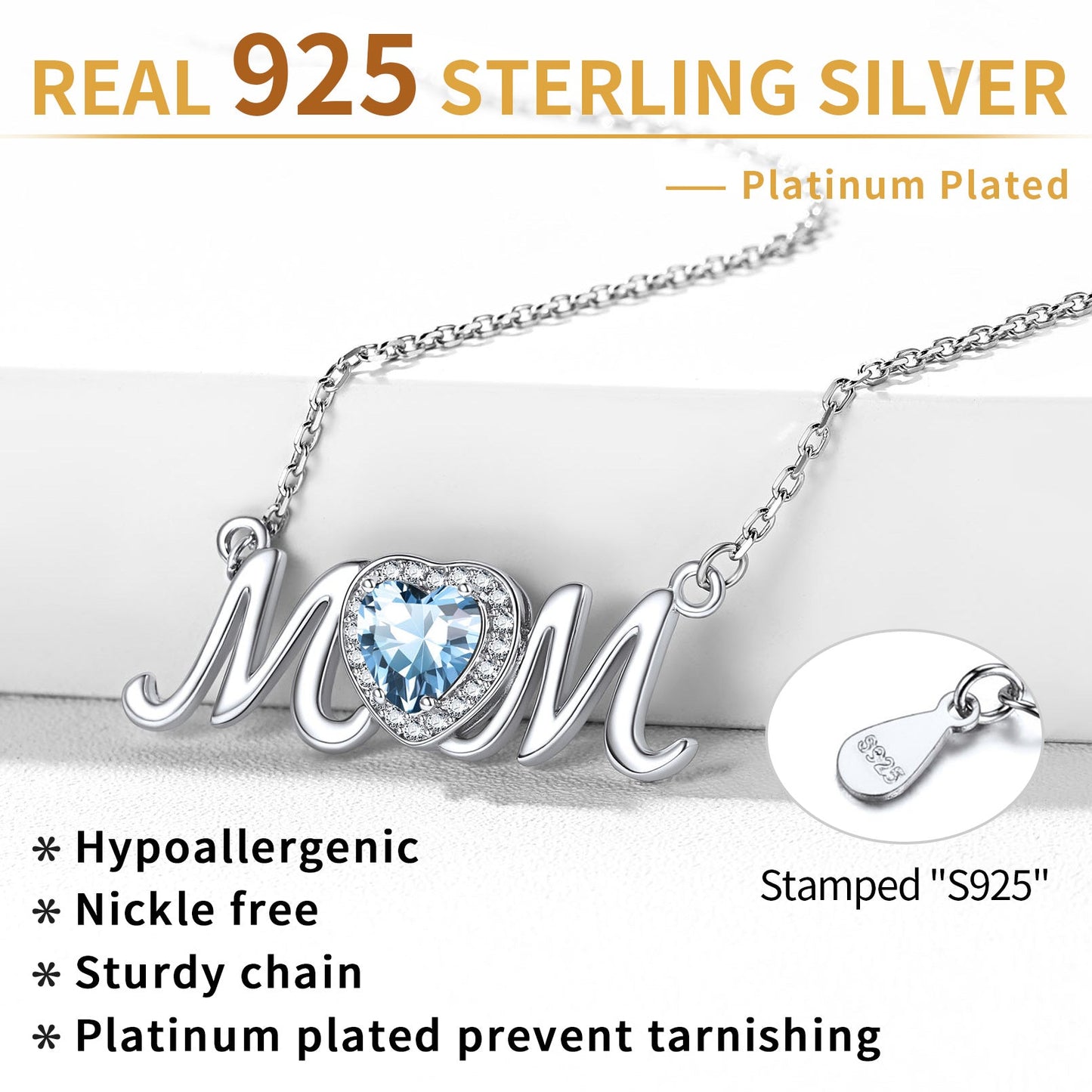 Sterling Silver Heart Birthstone Mom Necklace for