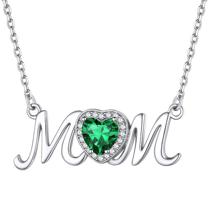 Sterling Silver Heart Birthstone Mom Necklace for