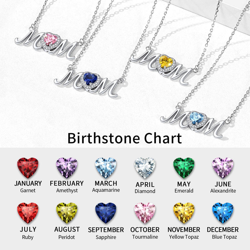 Sterling Silver Heart Birthstone Mom Necklace for