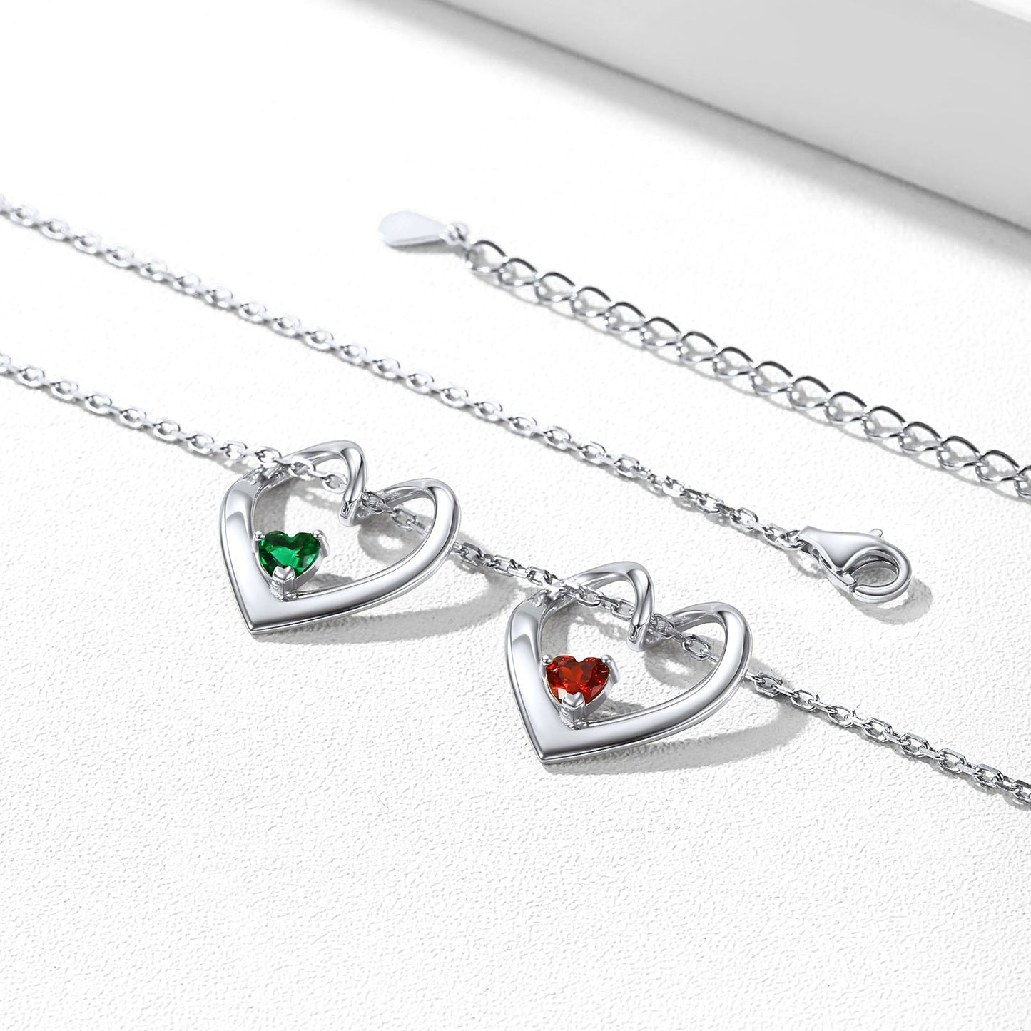 Sterling Silver Personalized 1-5 Hearts Birthstones Necklace for Family