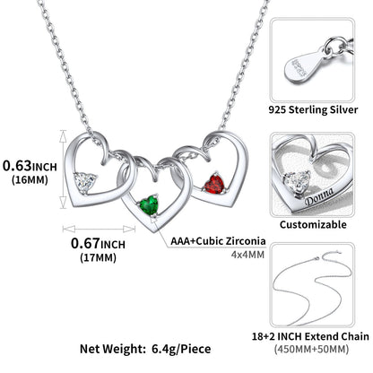 Sterling Silver Personalized 1-5 Hearts Birthstones Necklace for Family