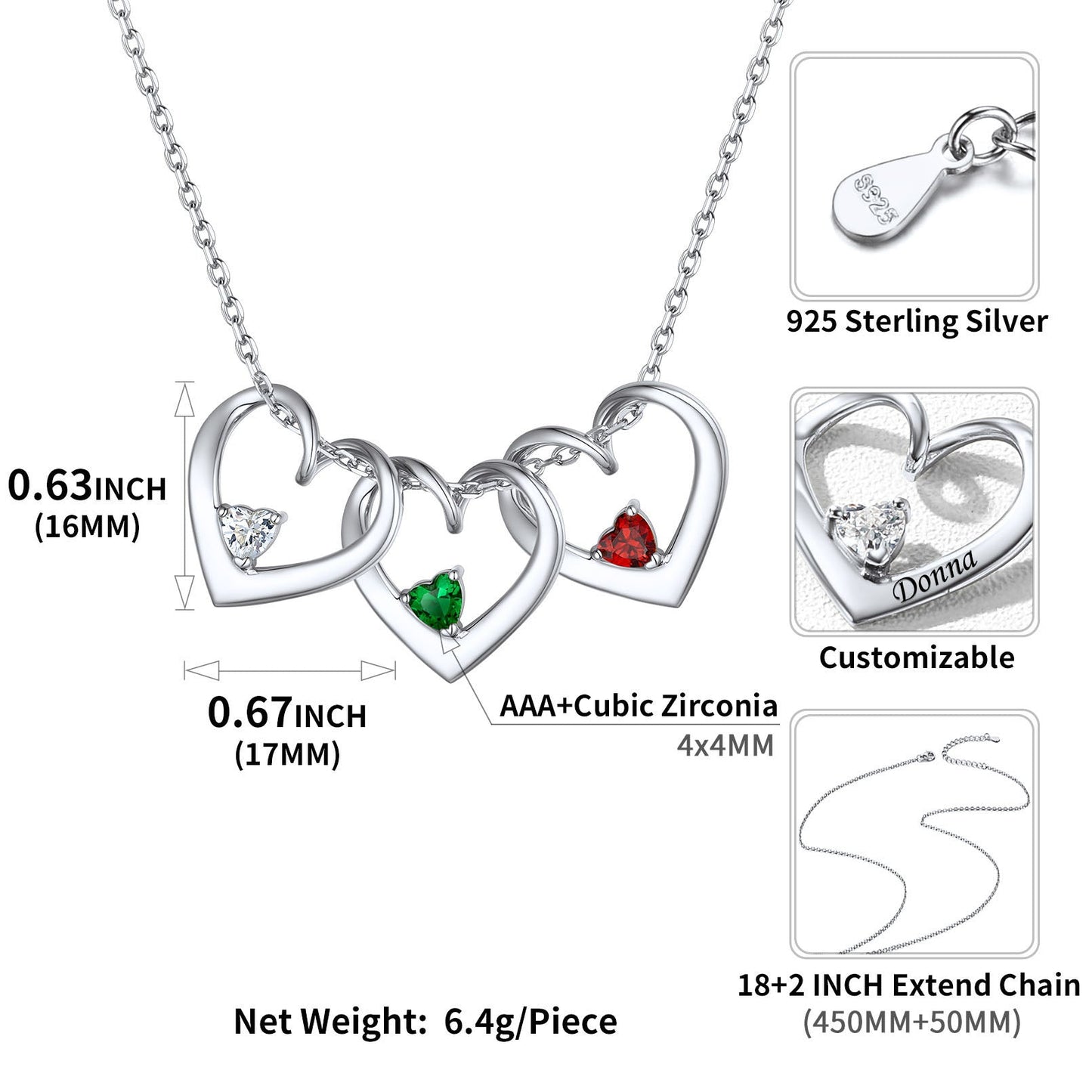 Sterling Silver Personalized 1-5 Hearts Birthstones Necklace for Family