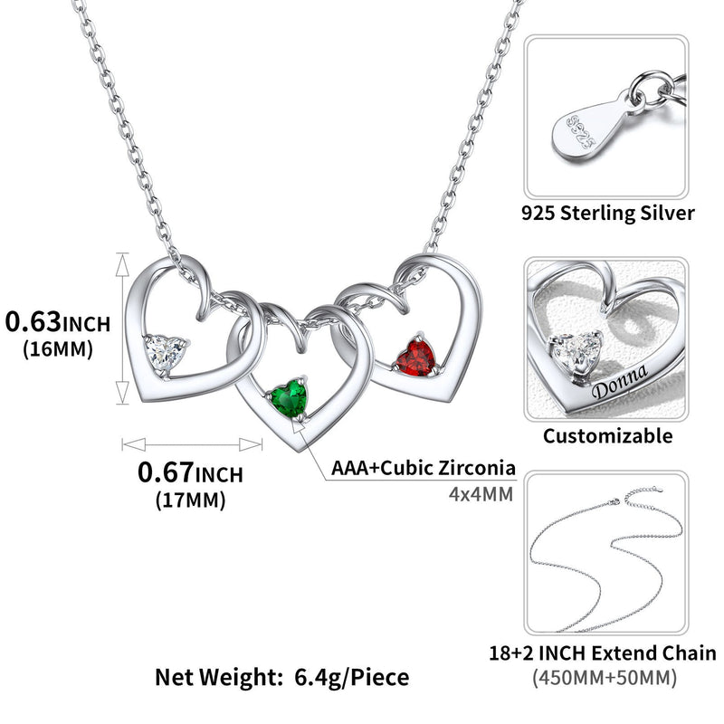 Sterling Silver Personalized 1-5 Hearts Birthstones Necklace for Family