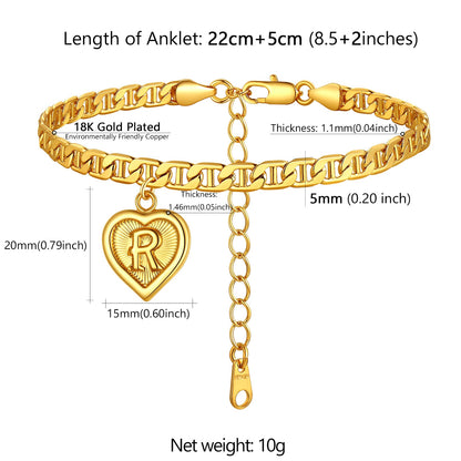 18k Gold Plated Initial Heart Ankle Bracelet for Gift