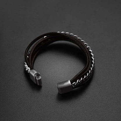 Customized Black Braided Leather Bracelet Cuff With Chain for Son