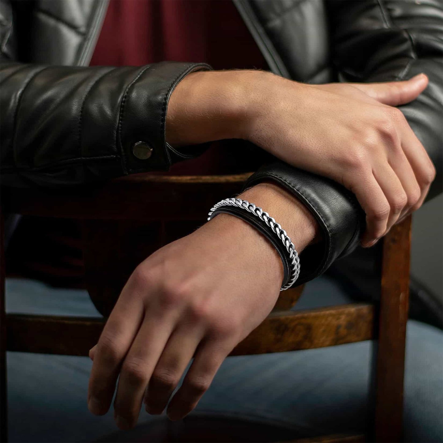 Customized Black Braided Leather Bracelet Cuff With Chain for Son