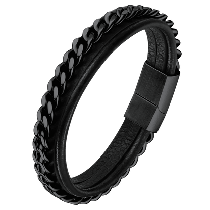 Customized Black Braided Leather Bracelet Cuff With Chain for Son