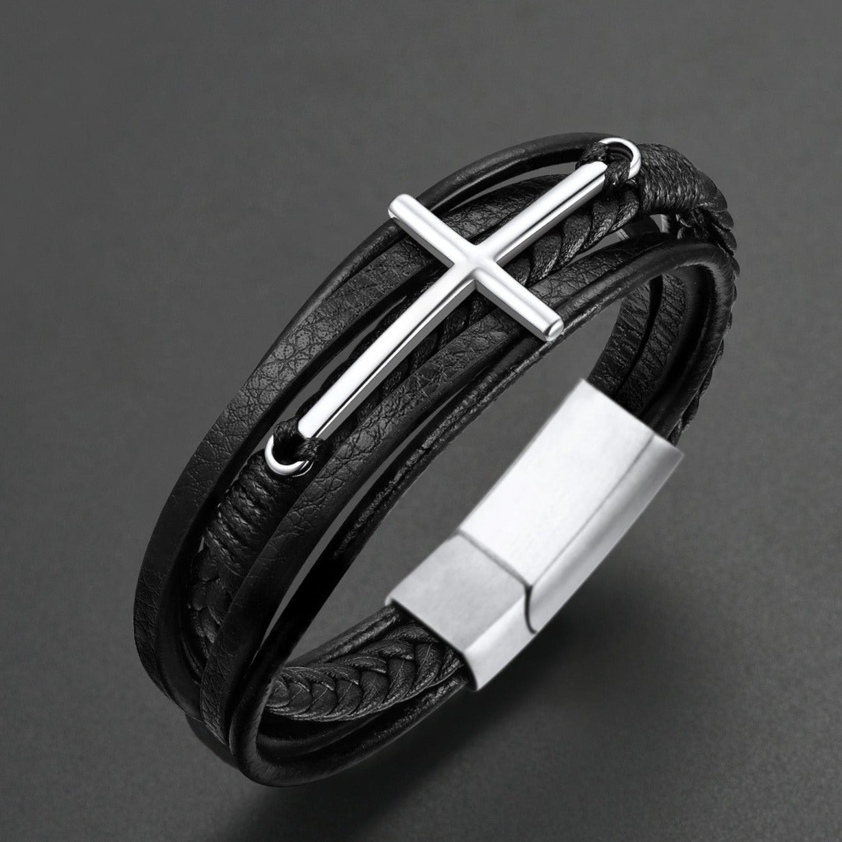 Christian Cross Multi-layer Braided Leather Bracelet for