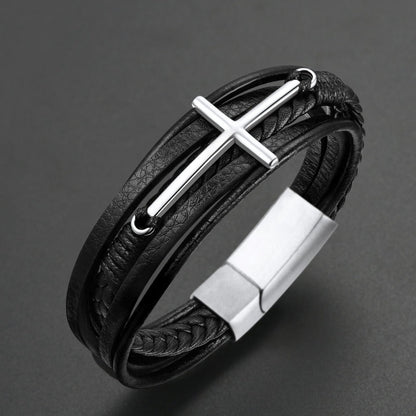 Christian Cross Braided Leather Bracelet Gift for