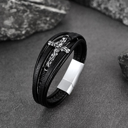 Christian Black Rose Cross Braided Leather Bracelet Gift for