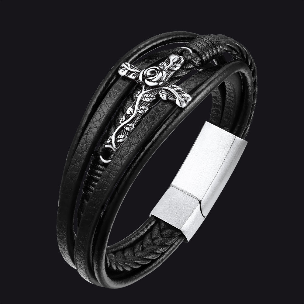Christian Black Rose Cross Braided Leather Bracelet Gift for