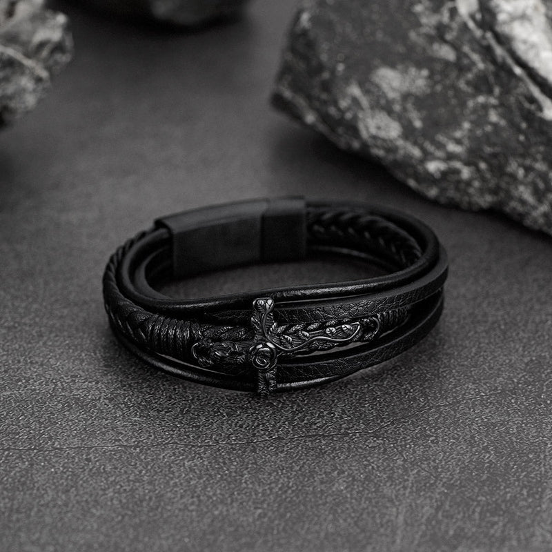 Christian Black Rose Cross Braided Leather Bracelet Gift for