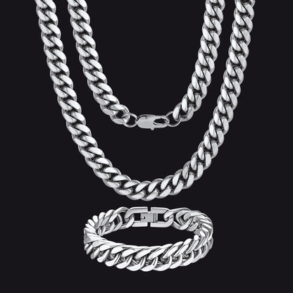 10mm Chunky Heavy Cuban Link Chain & Bracelet Set for
