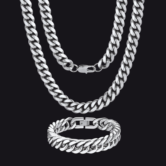 10mm Chunky Heavy Cuban Link Chain & Bracelet Set for