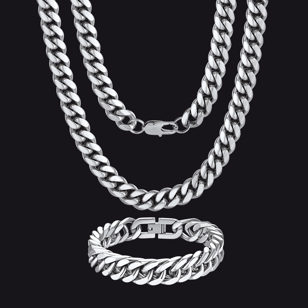 10mm Chunky Heavy Cuban Link Chain & Bracelet Set for