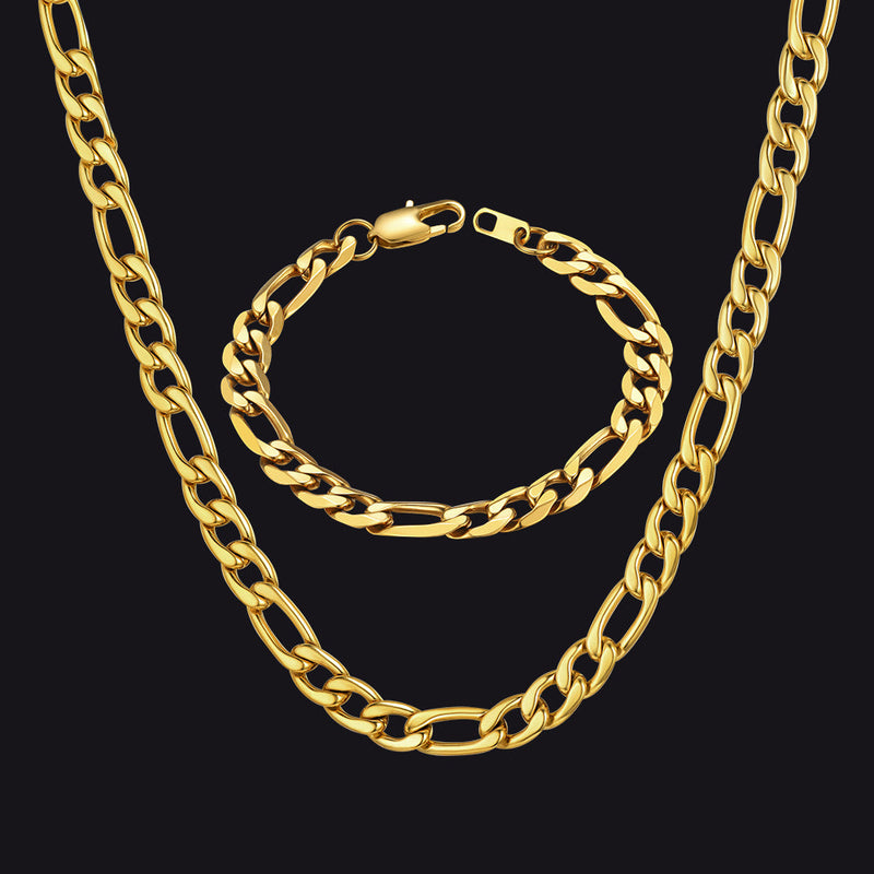 8mm Figaro Link Chain & Bracelet Bundle Set for