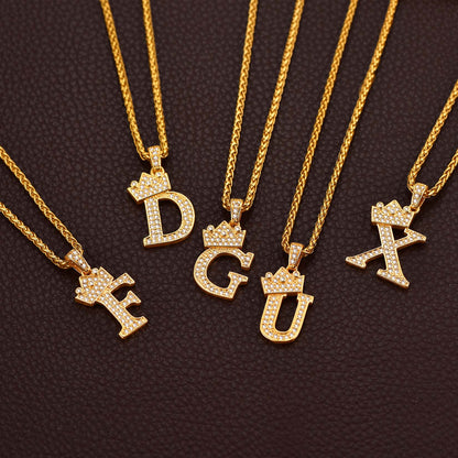 Sparkly Bling Crown Diamond Initial Letther Necklace for