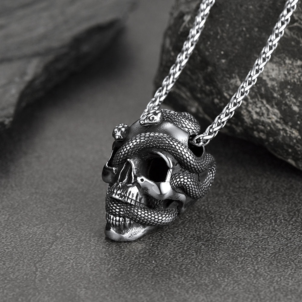 Gothic Snake Skull Pendant Necklace for