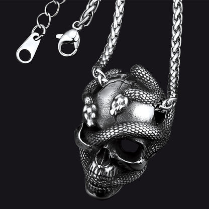 Gothic Snake Skull Pendant Necklace for