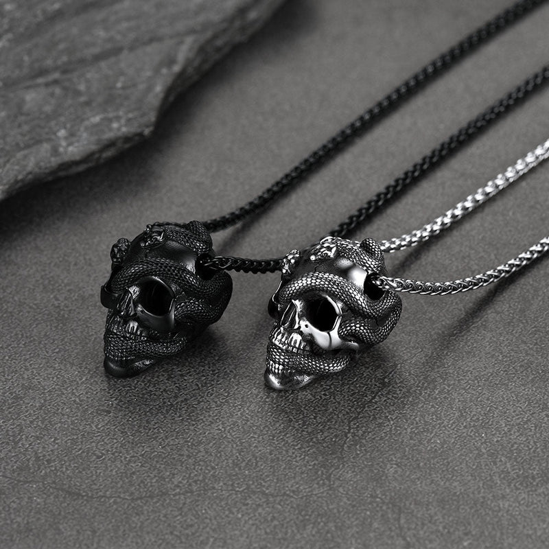 Gothic Snake Skull Pendant Necklace for