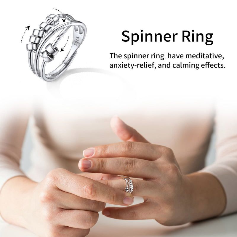 925 Sterling Silver Bead Anxiety Adjustable Ring for