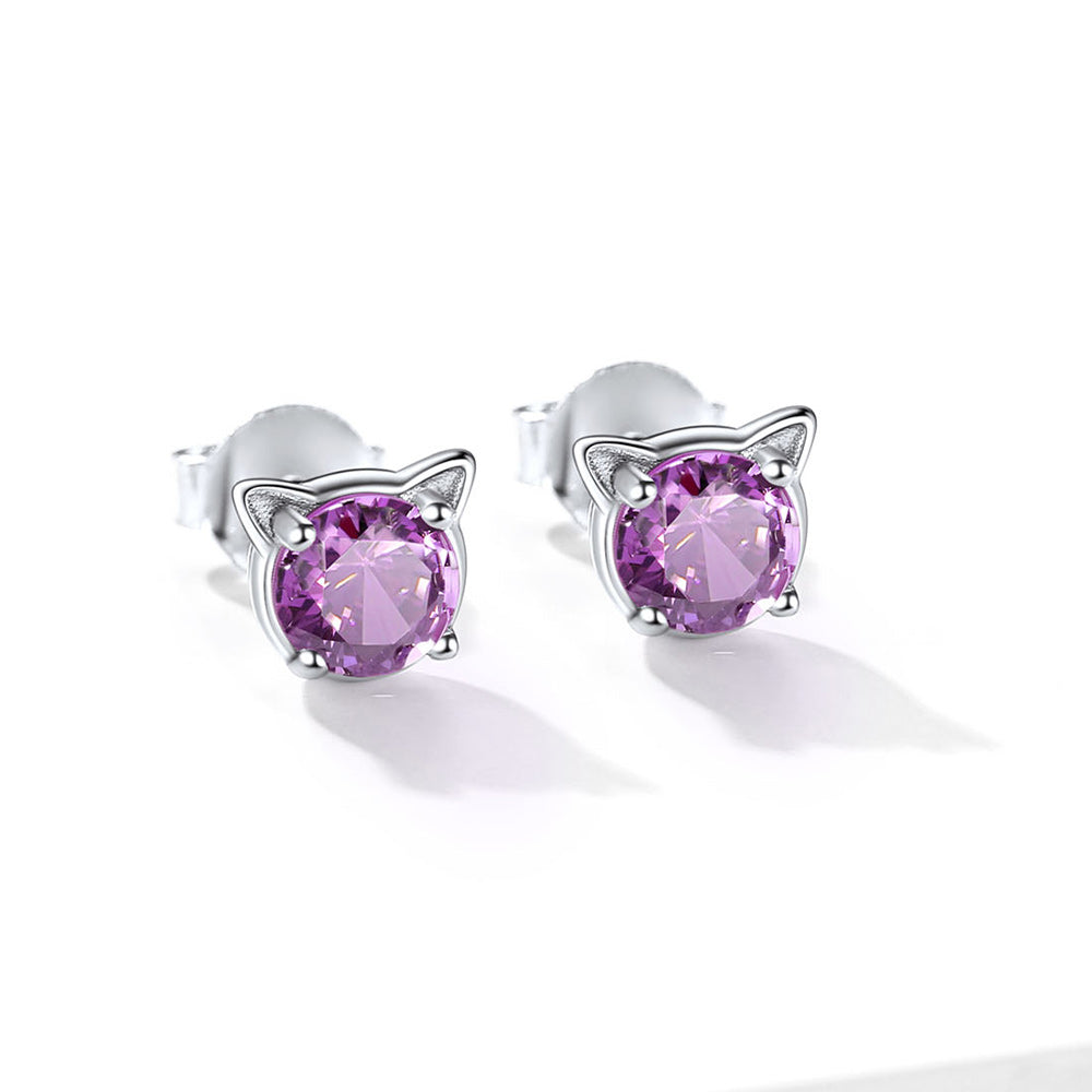 Silver Birthstone Cat Stud Earrings for Cat Lovers