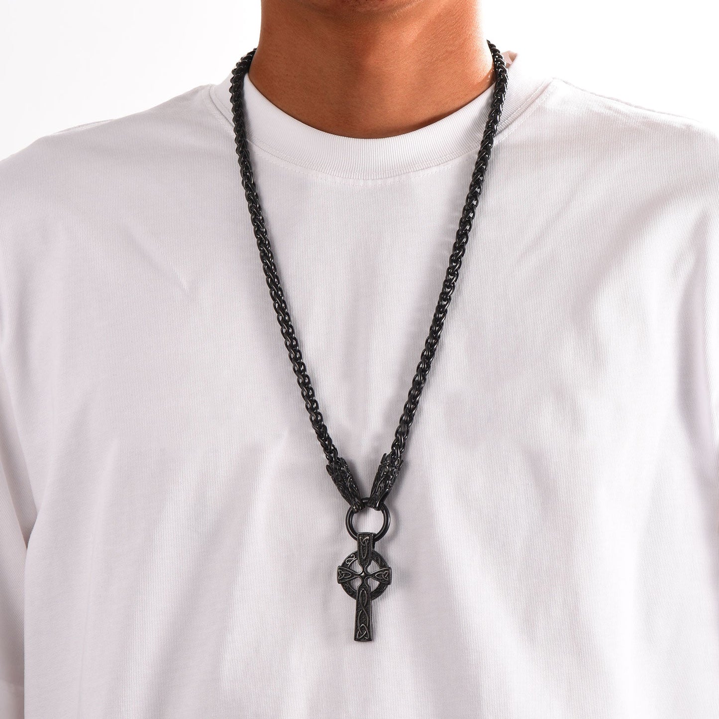 Celtic Knot Cross Necklace With Wolf Rope Chain for