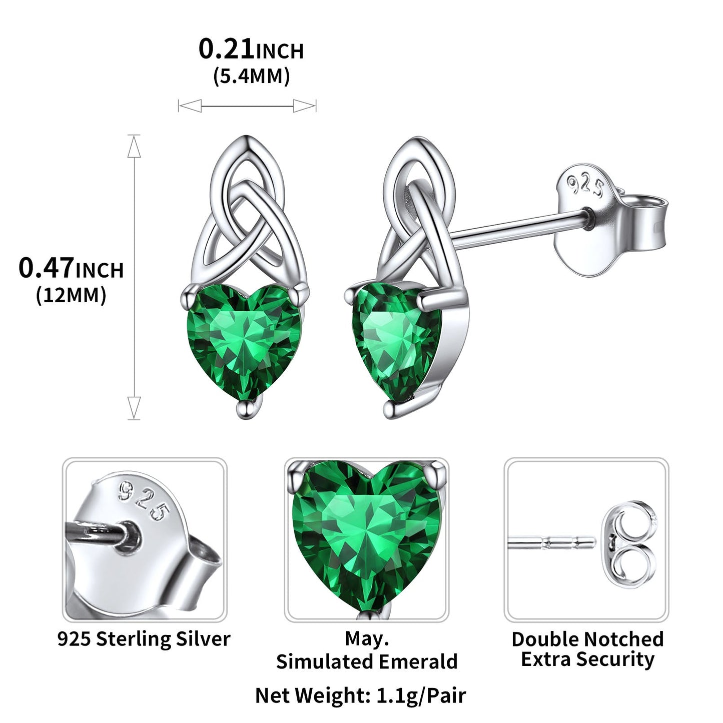 Sterling Silver Irish Celtic Knot Birthstone Stud Earrings for
