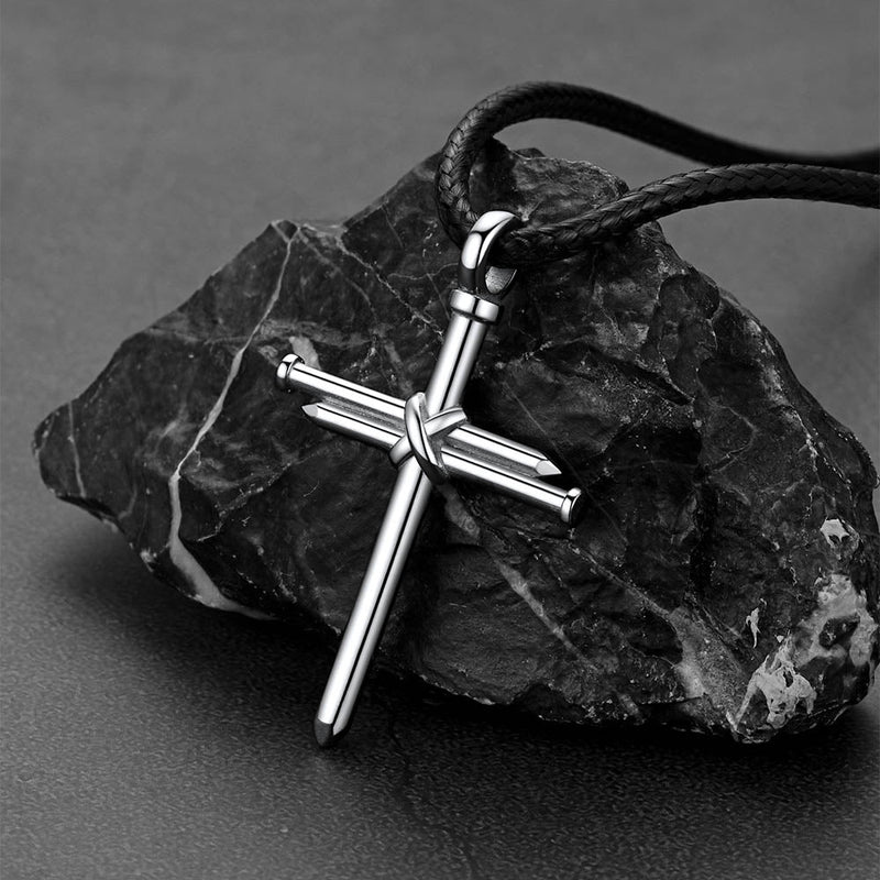 Christian Nail Cross Pendant Braided Leather Necklace for Dad Huasband
