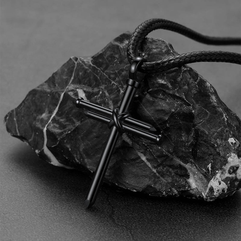 Christian Nail Cross Pendant Braided Leather Necklace for Dad Huasband