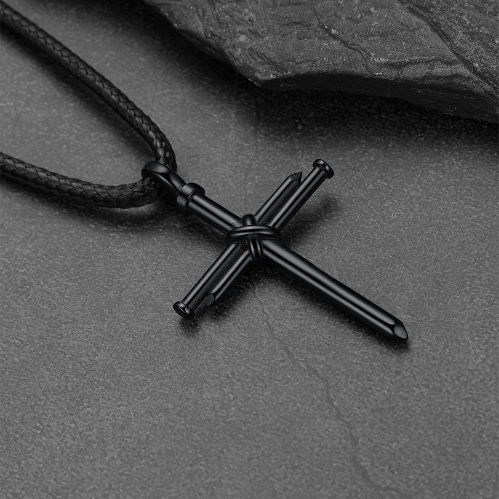 Christian Nail Cross Pendant Braided Leather Necklace for Dad Huasband