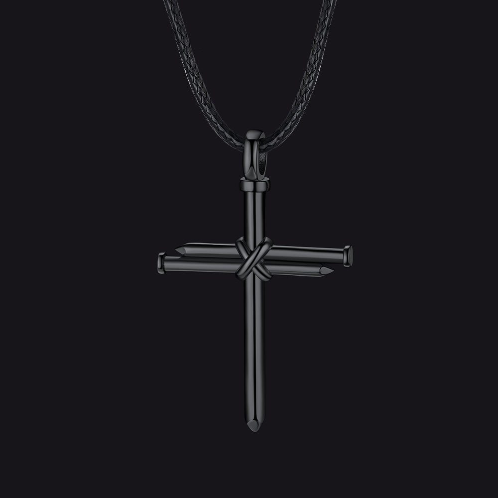 Christian Nail Cross Pendant Braided Leather Necklace for Dad Huasband