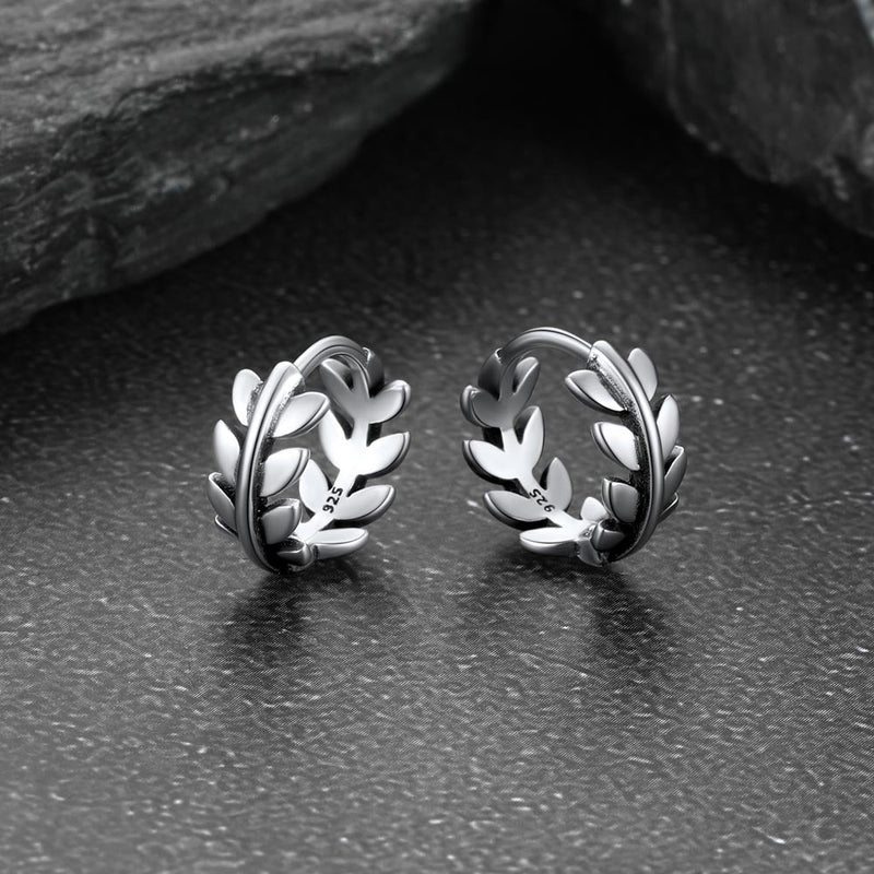 Sterling Silver Small Leaf Hoop Huggie Earrings for