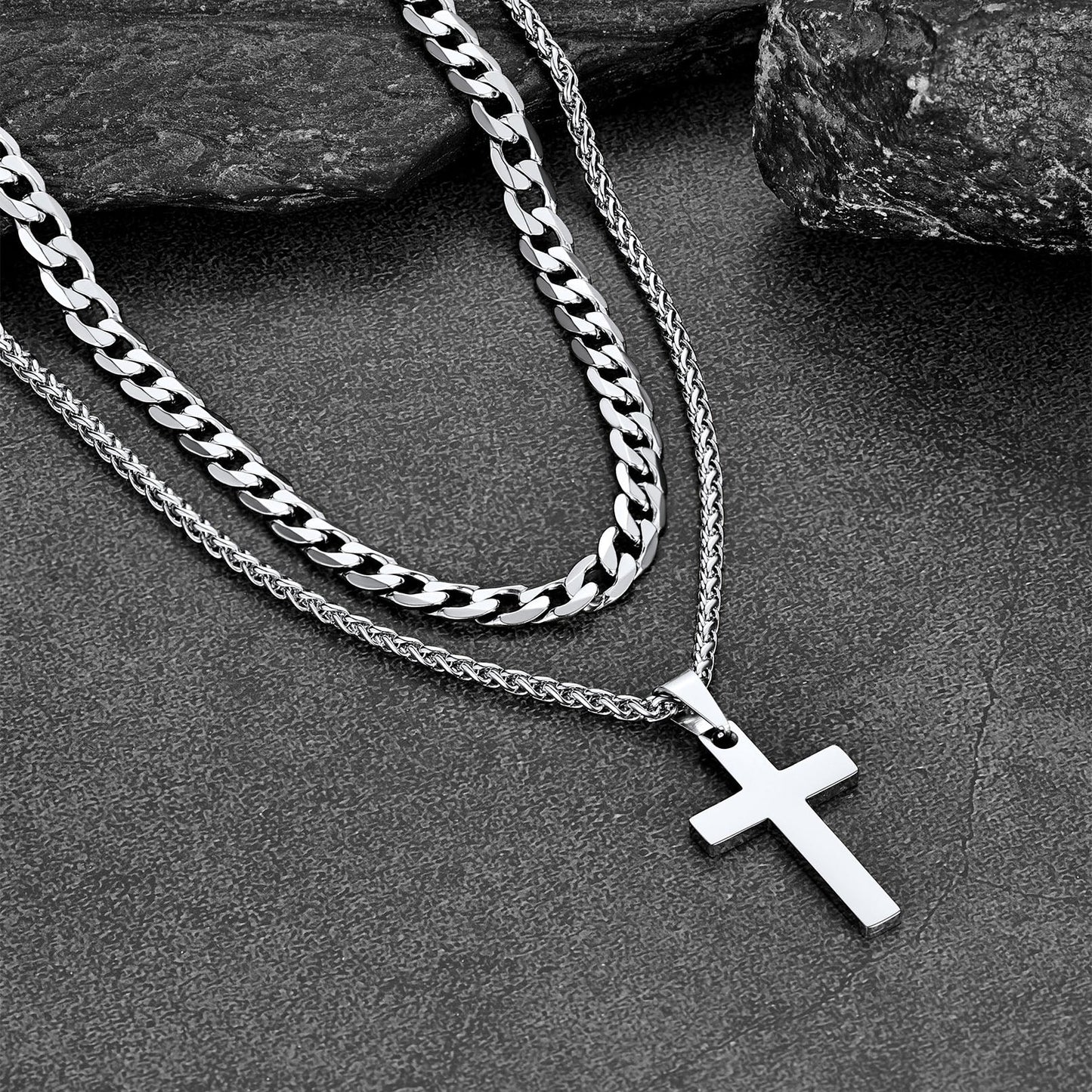 Cuban Chain & Cross Pendant Layered Necklaces Set for