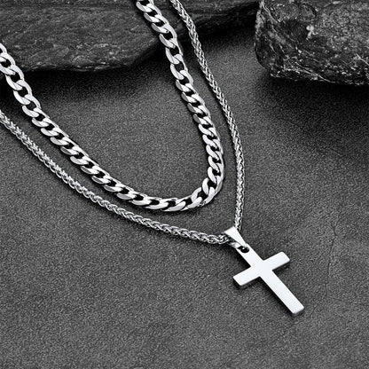 Cuban Chain & Cross Pendant Layered Necklaces Set for