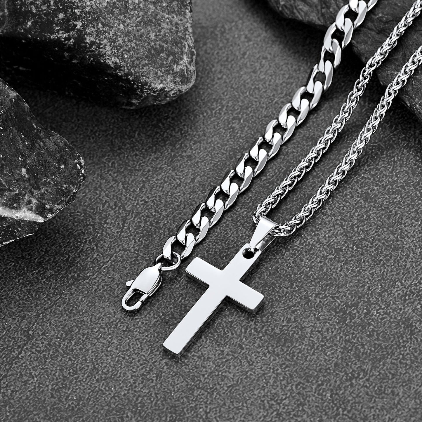 Gift for Cuban Chain & Cross Pendant Layered Necklace Set Birthday Gift