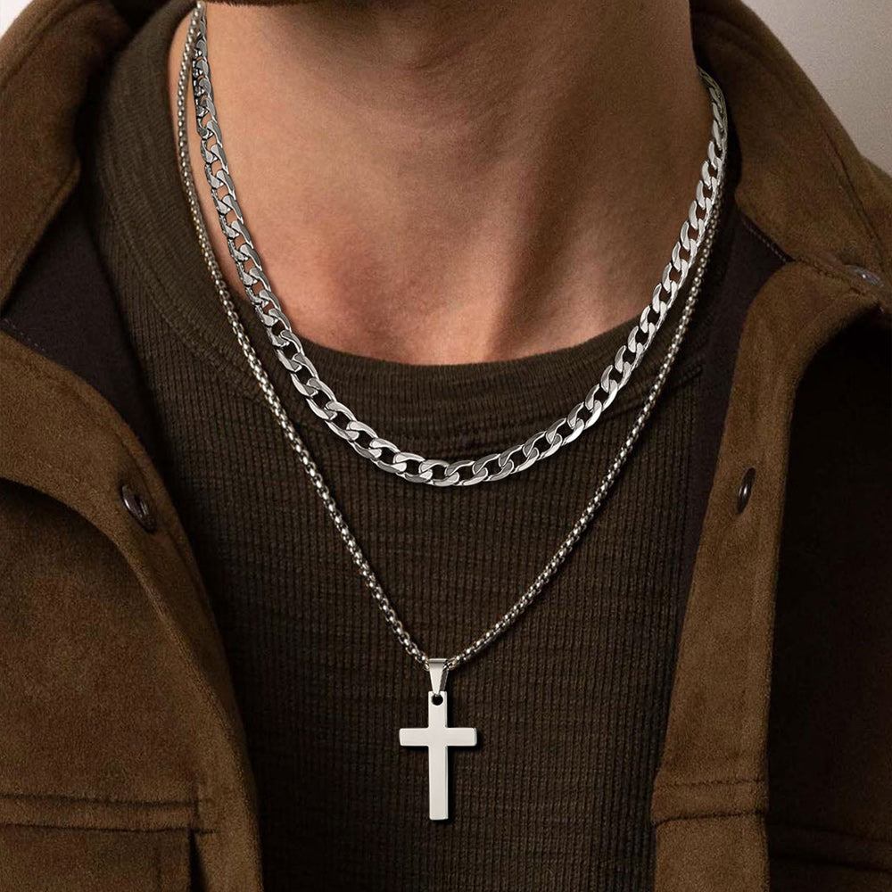 Cuban Chain & Cross Pendant Layered Necklaces Set for