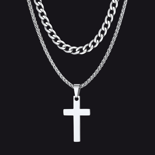 Cuban Chain & Cross Pendant Layered Necklaces Set for