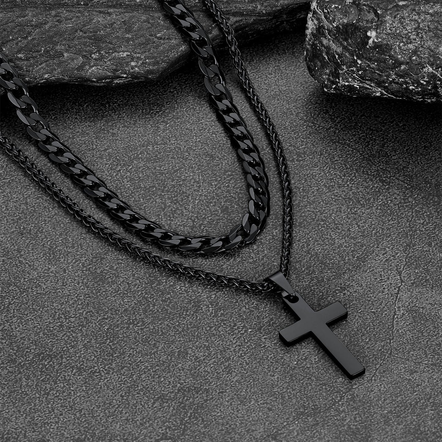 Cuban Chain & Cross Pendant Layered Necklaces Set for