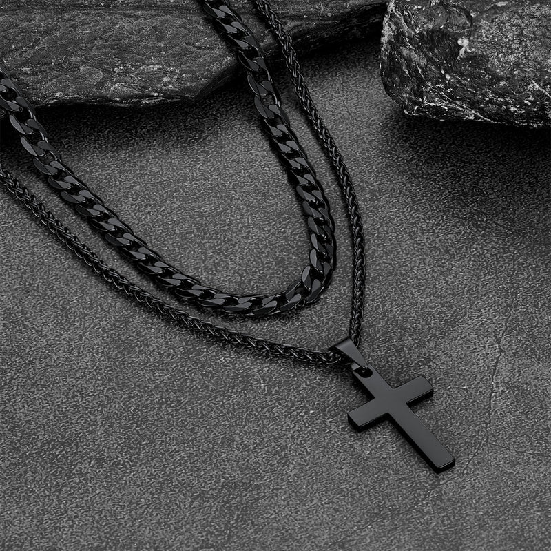 Cuban Chain & Cross Pendant Layered Necklaces Set for