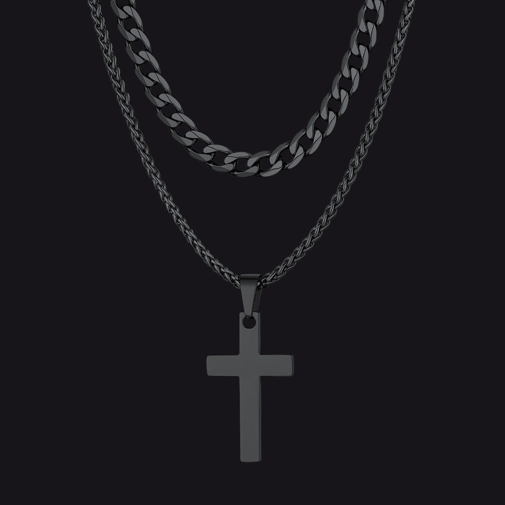 Cuban Chain & Cross Pendant Layered Necklaces Set for