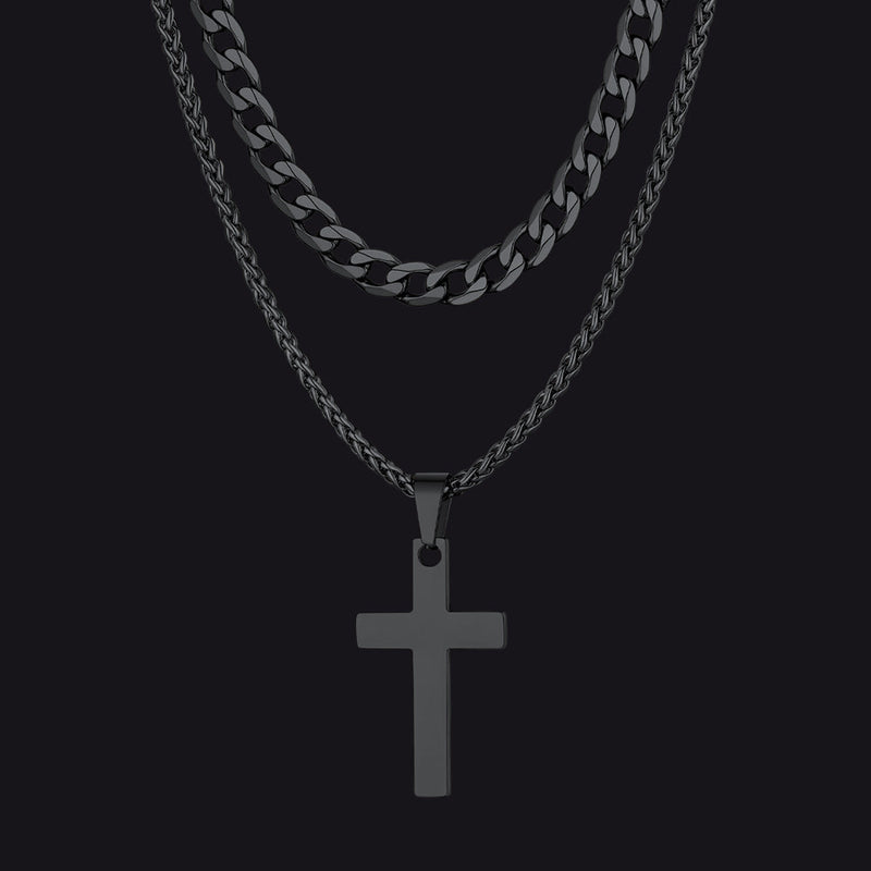 Cuban Chain & Cross Pendant Layered Necklaces Set for