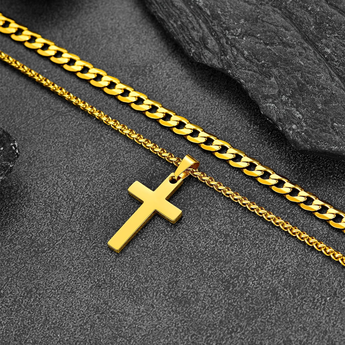 Cuban Chain & Cross Pendant Layered Necklaces Set for