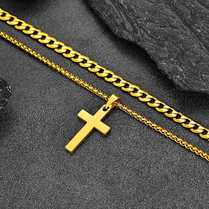 Cuban Chain & Cross Pendant Layered Necklaces Set for