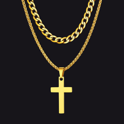 Cuban Chain & Cross Pendant Layered Necklaces Set for