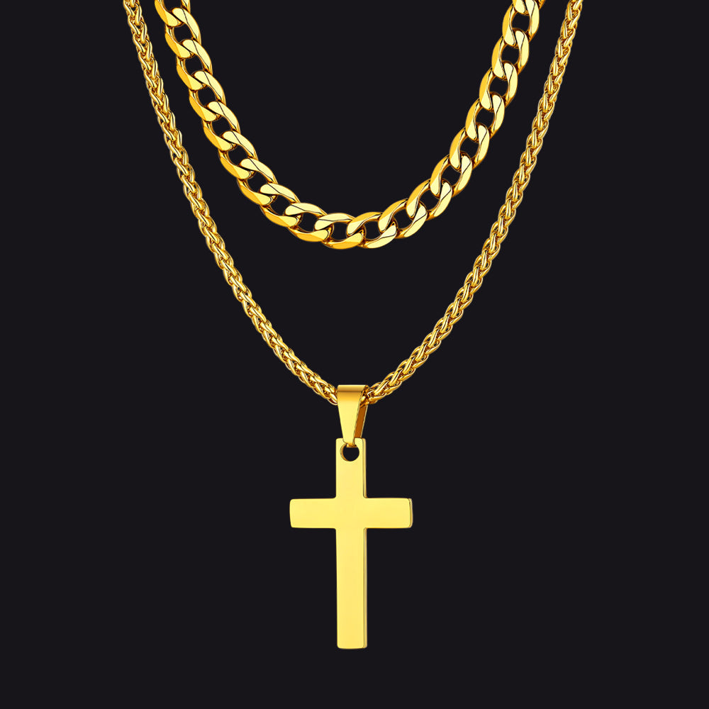 Gift for Cuban Chain & Cross Pendant Layered Necklace Set Birthday Gift