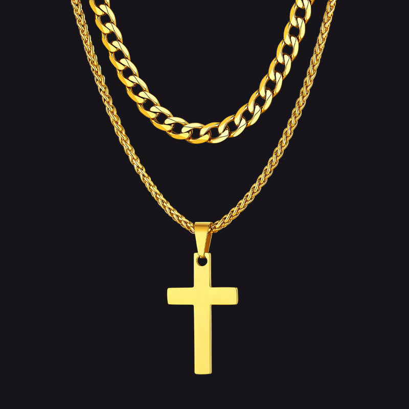 Cuban Chain & Cross Pendant Layered Necklaces Set for