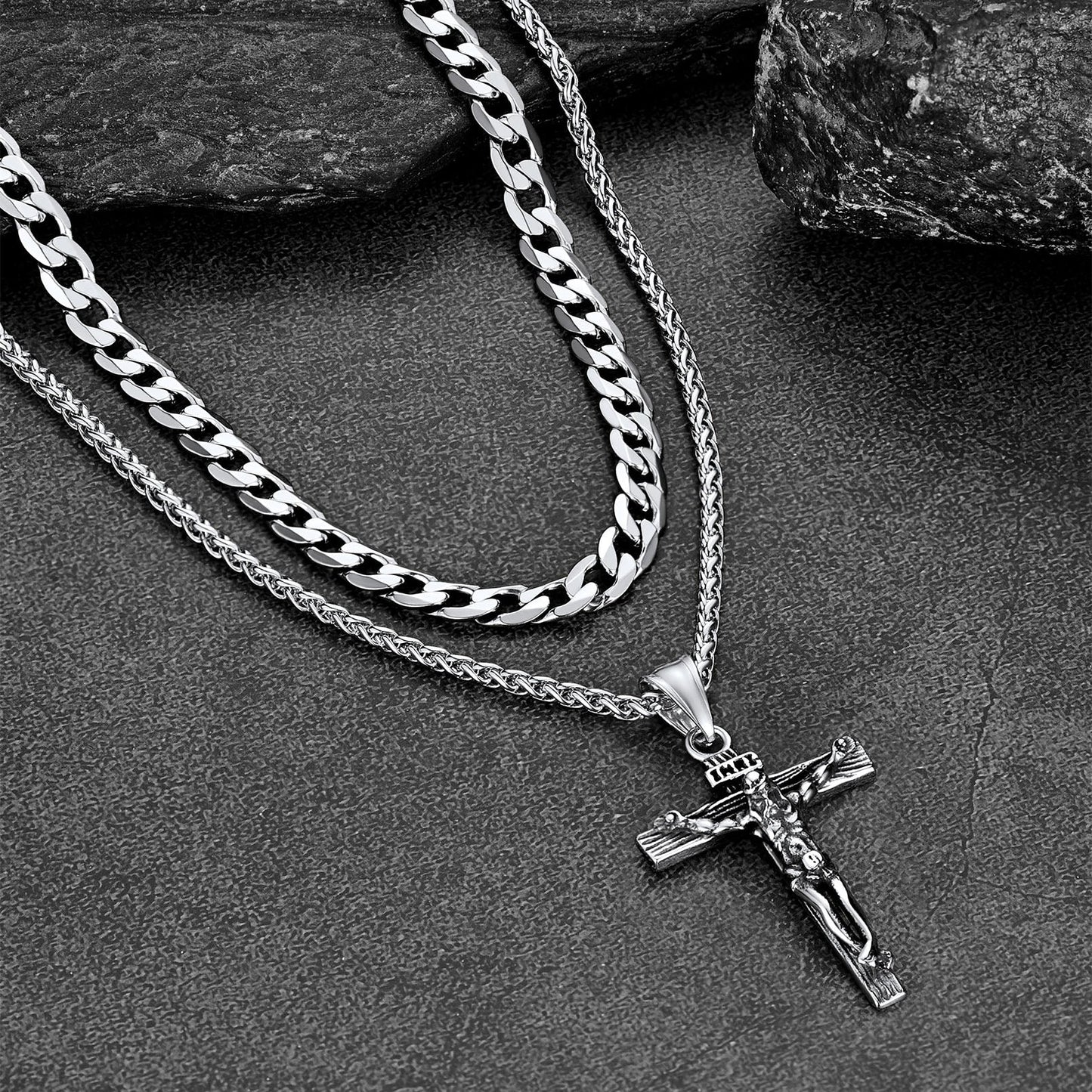 Jesus Crucifix Cross & Cuban Chain Layered Necklaces Set for