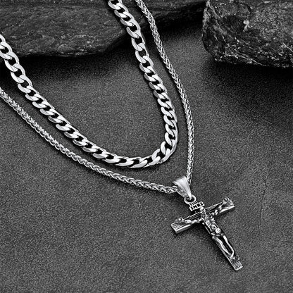 Jesus Crucifix Cross & Cuban Chain Layered Necklaces Set for