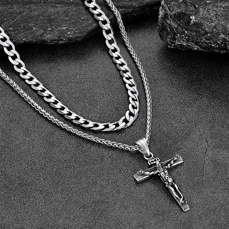 Gift for Jesus Cross & Cuban Chain Layered Necklace Set Birthday Gift